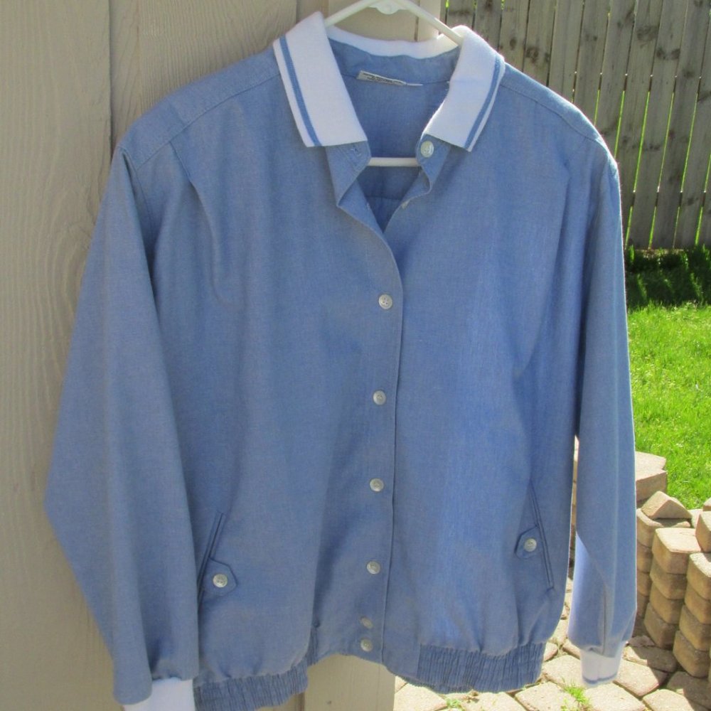 Alfred Dunner Blue Jacket with White Knit Collar and Cuffs Sz. 18